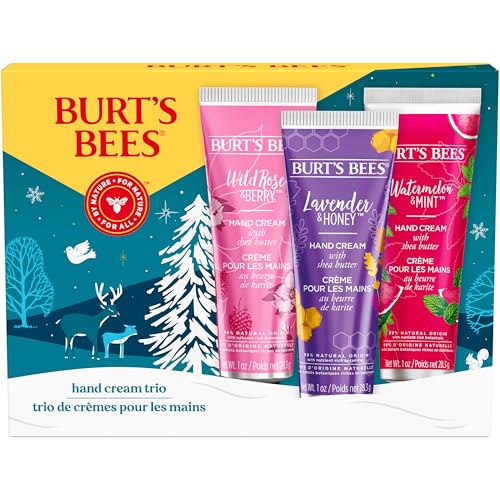 Burt's Bees Christmas Gifts, 3 Body Skincare Stocking Stuffers, Shea Butter Hand Cream Trio Set - Lavender Honey, Watermelon Mint & Wild Rose Berry (3-Pack)