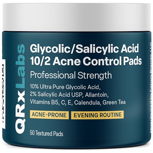 QRxLabs Glycolic/Salicylic Acid 10/2 Acne Control Pads w/ 10% Ultra Pure Glycolic Acid + 2% Salicylic Acid, Allantoin, Vitamin B5, C & E, Calendula & Green Tea - Acne Treatment for Face for Clear Skin