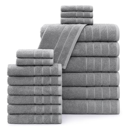 Casa Platino Bath Towels, 18 Piece Towel Set, 6 Large Bath Towels(30'x 60'), 6 Hand Towels & 6 Washcloths, 100% Ring Spun Cotton Towels for Bathroom, Bathroom Towel Set, Soft Towels - Ultimate Grey