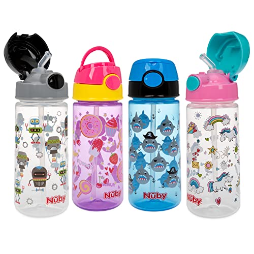 Nuby 2-Pack Kid’s Printed Flip-it Active Water Bottle with Push Button Cap and Soft Straw - 18oz / 540ml, 18+ Months, 2-Pack, Prints May Vary