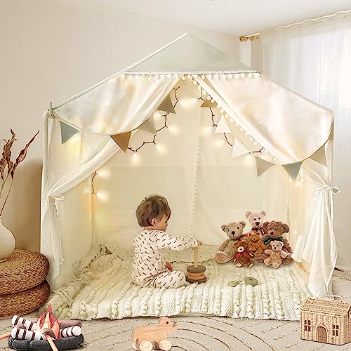 Large Kids Tent with Pompom, Kids Playhouse Indoor & Outdoor with Star Lights, Tent for Kids Reading Nook, Play Tent for Kids Girls Boys, Boho Toddler Tent Machine Washable, 35x52x52 in, Green