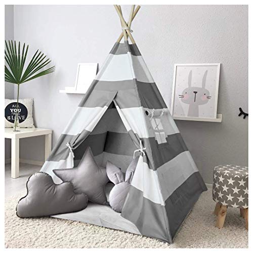 Kids Teepee Tent for Kids Play Teepee Tent for Boys Indoor Outdoor Play House, Kids Teepee Play Tent for Boys,Canvas Tipi Tent Kids,Grey Stripe Teepee