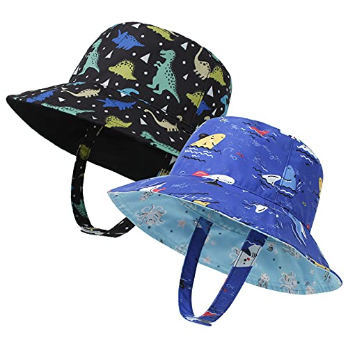 LAPI.ZAPI Baby Sun Hat Print Pattern Reversible Kids Boy Girls hat UPF 50+ Sun Protection Beach Bucket Hat Wide Brim (0-6 Months, 2pack Shark/Dinosaur)