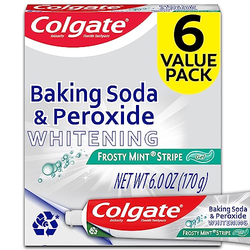 Colgate Baking Soda and Peroxide Toothpaste Gel, Whitening Baking Soda Toothpaste, Frosty Mint Flavor, Whitens Teeth, Fights Cavities and Removes Surface Stains for Whiter Teeth, 6 Pack, 6 Oz Tubes