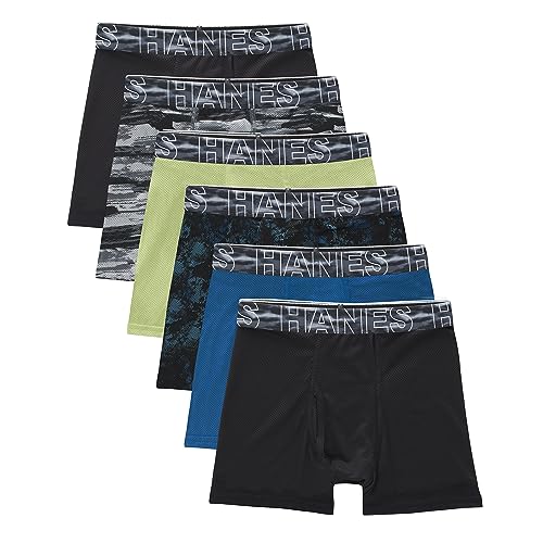 Hanes Boys' Big Performance Tween Boxer Brief Pack, X-Temp Mesh Underwear, Assorted, 6-Pack, Black/Blue/Green/Grey-6 Pack, Medium