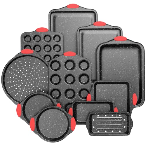 Slow Slog 11-Piece Nonstick Baking Pans Set, Stackable Bakeware Sets, Toxin-Free Baking Set with Silicone Handles, Includes Cookie Sheets, Cake Pan, Loaf Pan, Pizza Pan, Muffin Pan, Red&Black…