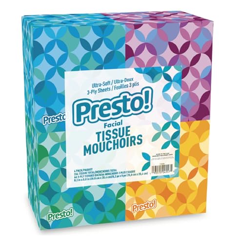 Amazon Brand - Presto! Ultra-Soft 3-Ply Premium Facial Tissues, 264 Count (4 Packs of 66)