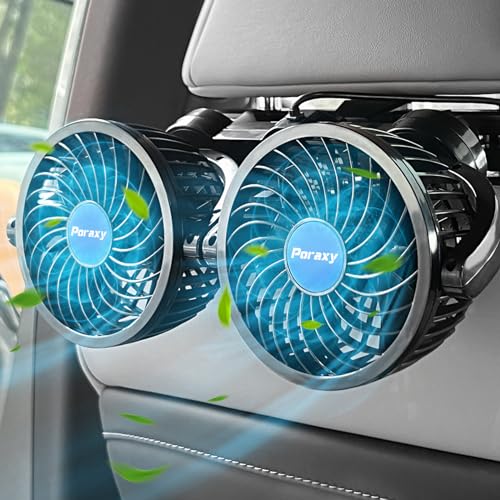 Poraxy Car Fan, 12V Cooling Fans for Backseat for Kids, Headrest 360 Degree Rotatable Dual Head Back Seat Fan Stepless Speed Vehicles Rear Seat Air Fan for Sedan SUV RV