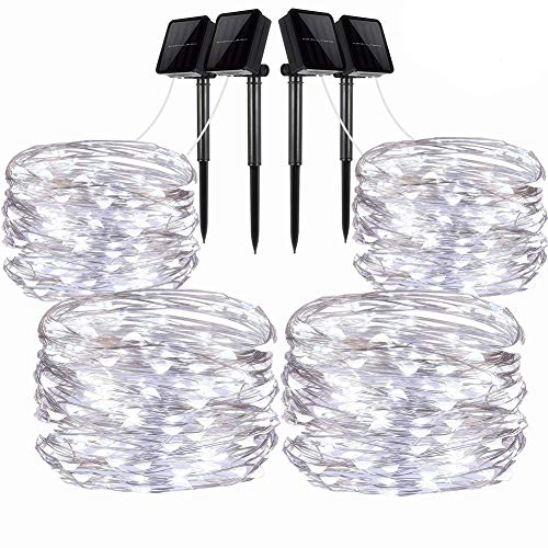 LiyuanQ Solar String Lights, 4 Pack 100 LED Solar Fairy Lights 33 Feet 8 Modes Silver Wire Lights Waterproof Outdoor String Lights for Garden Patio Gate Yard Party Wedding Indoor Bedroom Cool White