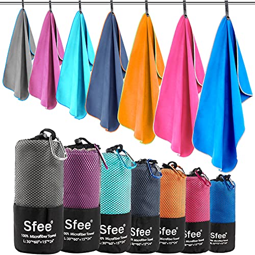 Sfee 2 Pack Microfiber Travel Towel, Quick Dry Towel Camping Towel Beach Towel Super Absorbent Compact Lightweight Sports Towel Gym Towel Set for Beach, Gym, Hiking, Pool, Backpacking, Bath, Yoga