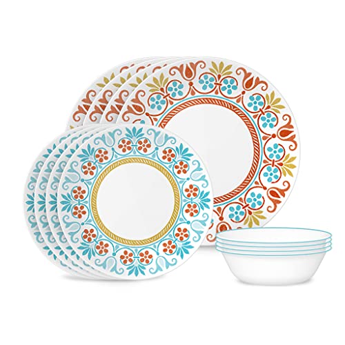 Corelle Global Collection Vitrelle 12-Piece Dinnerware Set, Triple Layer Recycled Glass, Lightweight Eco-Friendly Round Plates and Bowls Set, Terracotta Dreams