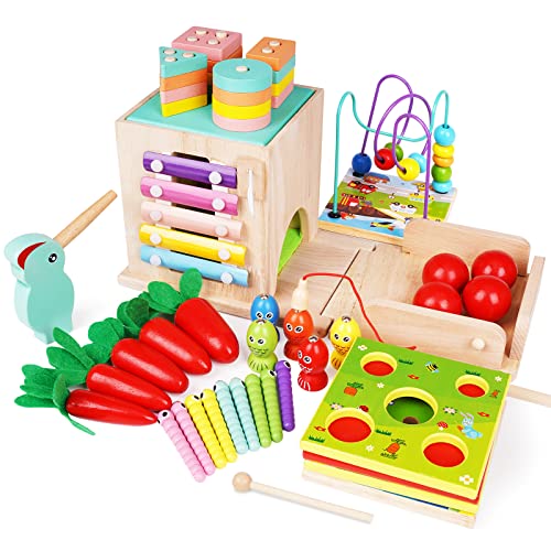 9 in 1 Wooden Activity Cube for Toddlers Montessori Toys Toddler Activity Center with Fishing Game Stacking Toys Shape Sorting, Bead Maze & More- Interactive Baby Learning Toys for Boys & Girls