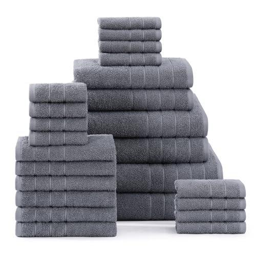 Casa Platino 24 Piece 100% Cotton Towels Set, 2 Bath Sheets, 2 Large Bath Towels(30'x 60'), 2 Gym Towels(24' x 48'), 6 Hand Towels, 8 Washcloths & 4 Fingertip Towels, Soft Towel Set - Cool Grey