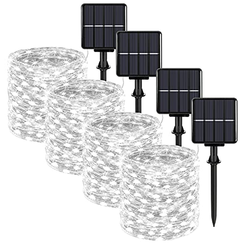 Extra-Long 288FT 800LED Solar Fairy String Lights, 4-Pack 72FT 200 LED Outdoor Twinkle Lights Waterproof 8 Lighting Modes Cool White Silver Wire Lights for Deck Backyard Tree Garden Fence Pool Party