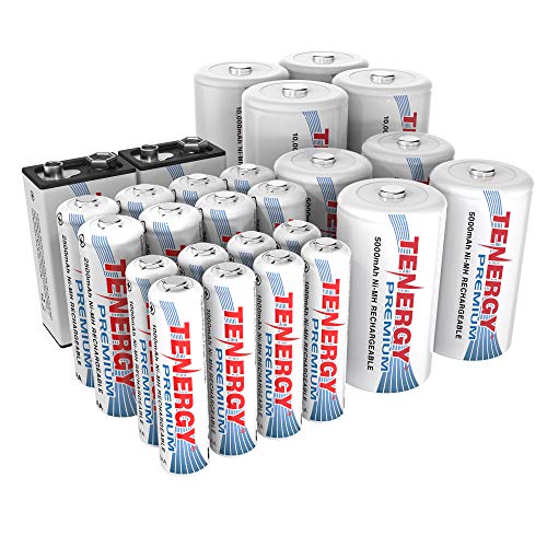 Tenergy Premium High Capacity NiMH Rechargeable Battery Combo Pack, Includes All Battery Sizes 8xAA 8xAAA 4xC 4xD 2x9V Rechargeable Batteries, 26 Pack