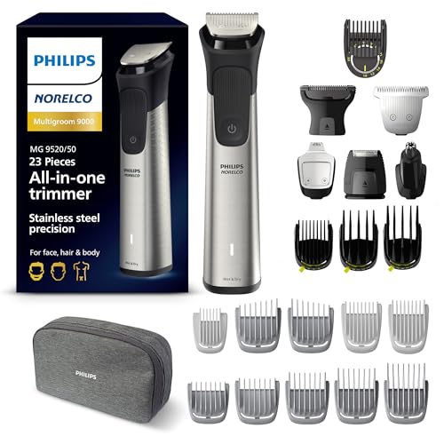 Norelco Philips Multi Groomer 23 Piece Men's Grooming Kit, Trimmer for Beard, Head, Face, Body, and Groin - Stainless Steel Precision. No Blade Oil Needed. MG9520/50