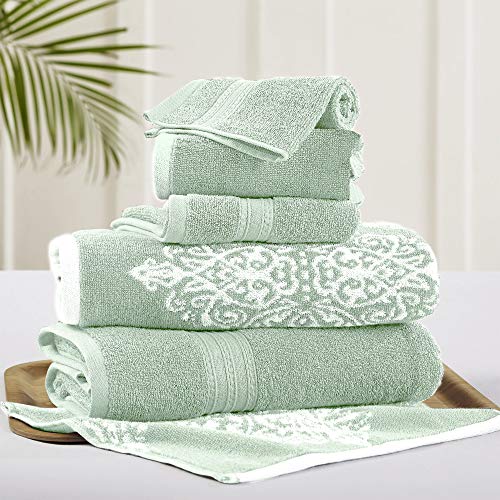 Modern Threads Artesia Damask 6-Piece 100% Combed Cotton Reversible Yarn Dyed Jacquard Towel Set Sage