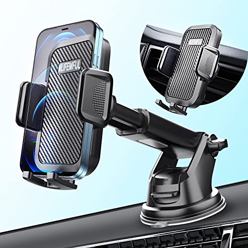 MLIFEMFUL Phone Mount for Car, 3 in 1 Car Phone Holder Mount Telescopic Long Arm, Cell Phone Holder for iPhone & All Smartphone Mount Dashboard Windshield Vent Clip Compatible