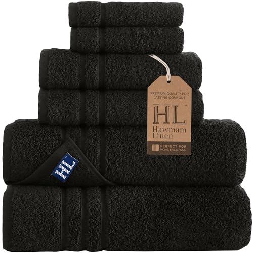 Black 6 Pack Bath Towels Sets Linen for Bathroom Original Turkish Cotton Soft, Absorbent and Premium 2 Bath, 2 Hand, 2 Washcloths