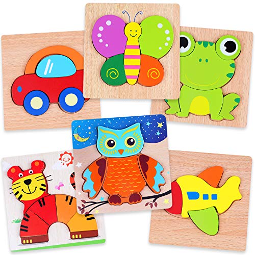 Yunaking Wooden Toddler Puzzles Gifts Toys for 1 2 3 Year Old Boys Girls, 4 Animal & 2 Transportation Jigsaw Puzzles Montessori Toys Learning Educational Christmas Birthday Gifts for Toddlers 1-3