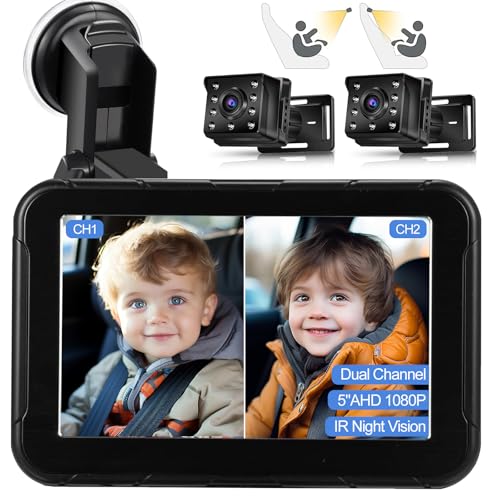 lttomn Baby Car Camera, 2-Kids Baby Car Camera for Seat 5 Inch Ultrawide Display with Two IR Night Vision Cameras Rear Facing - AHD 1080P Dual-Channel Display & Easy to Instal & Clear Wide View