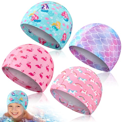 Cuffbow 4 Pieces Kids Swim Caps durable Children's Swimming Cap Toddler Swim Cap Kids Swimming Hats for Toddlers Kids Boys Girls Long and Short Hair(Vivid)