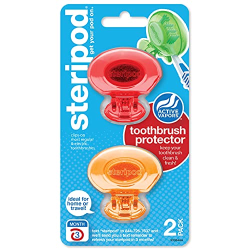 Steripod Clip-on Toothbrush Protector, Red/Orange, 2 Count, (Pack of 1)