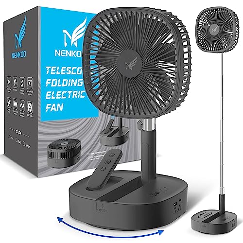 Nenkoo Battery Operated Desk Fan 12500mAh, Portable Oscillating Travel Fan 8', Telescopic Floor Fan 4 Speed, Timing Black Table Fan Adjustable Height 14.6'-40.2' Remote Control Fan Home Outdoor