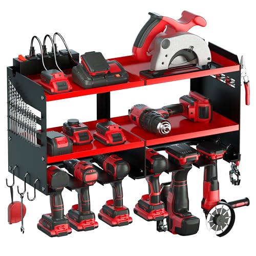 Spampur Power Tool Organizer with Charging Station, 6 Drill Holders Wall Mount, Heavy Duty Metal Premium Garage Tool Shelf, Gift for Man Cordless Tool Storage Rack with 4 Outlet Power Strip - Red