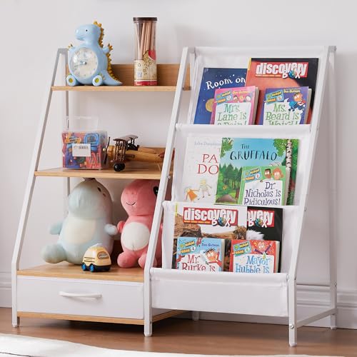 Kids Bookshelf and Toy Organizer, 3 Tier Bookshelf for Kids, Montessori Bookcase Book Shelf for Kids Rooms, Bedroom, Playroom, Nursery, Toy Storage Organizer with Bookshelf (Natural)