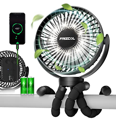 Portable Stroller Fan 65 Working Hours, Small Fan with LED Lights, 12000 Capacity Battery Operated Fan with Tripod Legs, Rechargeable USB Fan, Peloton Fan for Treadmill, Camping, Travel, Bed(Black)