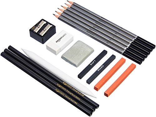 Amazon Basics Sketching and Drawing Art Pencil Kit, Artist Supplies with Pencils, Erasers, Sharpener, Charcoal, Black, White, 17 Piece Set