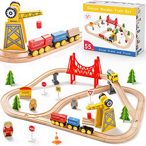 Tiny Land 55-Piece Wooden Train Set for Toddlers and Kids Ages 3-7, Fits Thomas Tracks