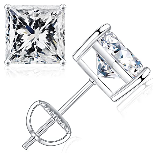 SMILEST 0.6ct Princess Cut Moissanite Earrings for Women, D Color VVS1 Clarity Lab Created Moissanite Moissanite Stud Earrings 18K White Gold Plated 925 Sterling Silver Moissanite Screw Back Earrings