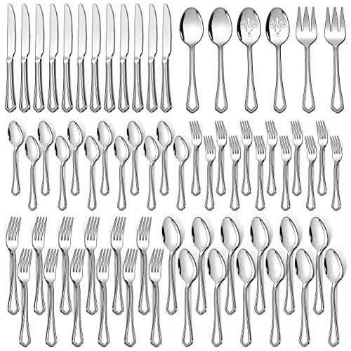 Homikit 66-Piece Silverware Set with Serving Spoons and Forks, Stainless Steel Flatware Cutlery Set for 12, Modern Tableware Knife Fork Spoon Set with Scalloped Edge, Mirror Polished, Dishwasher Safe