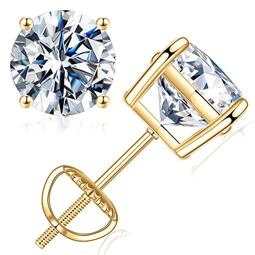 SMILEST Moissanite Earrings for Women Men, Hypoallergenic 14K Yellow Gold Plated 925 Sterling Silver 4-Prong Basket Screw Back Earrings Lab Grown D Color VVS1 Clarity Moissanite Stud Earrings