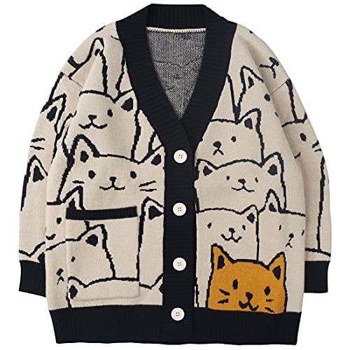 Vamtac Cat Sweaters for Women Fall Vintage Oversized Graphic Cute Cardigan Sweaters Button Long Sleeve Sweaters Men