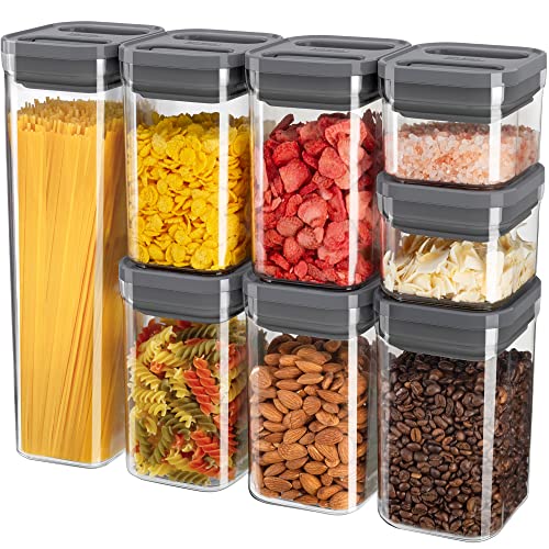 MR.SIGA 8 Piece Airtight Food Storage Container Set, BPA Free Kitchen Pantry Organization Canisters, One-handed Airtight Plastic Containers with Lids for Cereal, Spaghetti, Pasta, Gray