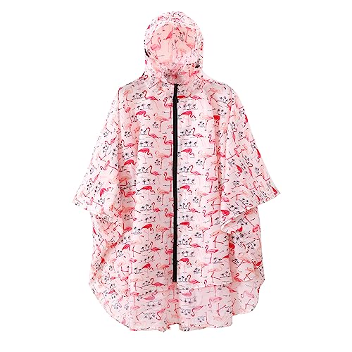 Lapetus Waterproof Hooded Lightweight Rain Poncho for Adults Women Men with Pockets Unisex Fashion Zipper Jacket Coat (Flamingo)