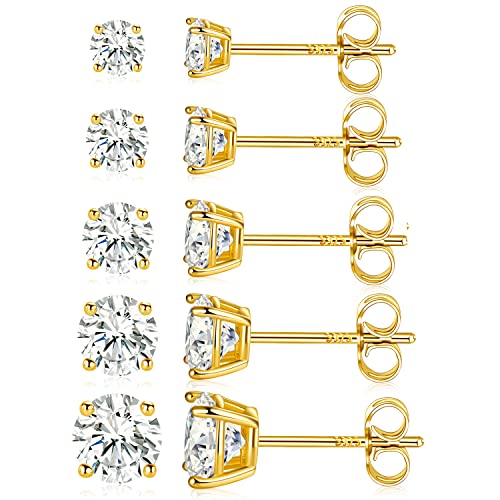 MDFUN S925 Sterling Silver Moissanite Stud Earrings Set 14K Yellow Gold Plated 4 Prong Round Diamond Stud Earrings Pack of 5