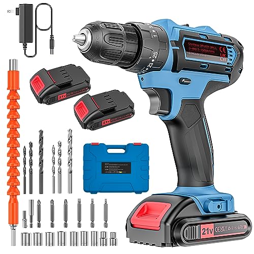 Cordless Power Drill Set with Battery and Charger, 25+3 Mini Drill 21V Electric Drill Cordless Hammer Impact Drill Set with 3/8 Inch Keyless Chuck with 2 Batteries