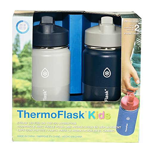 ThermoFlask 14 oz Double Wall Vacuum Insulated Stainless Steel 2-Pack of Water Bottles, Harbor Grey/Denim