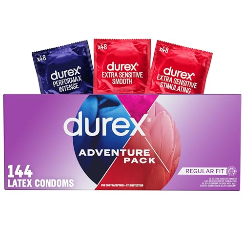 Durex Condoms Adventure Pack | Mix of Smooth & Ribbed Condoms Bulk | Condom Variety Pack | Regular Fit Latex Condoms (Includes Durex Extra Sensitive Smooth, Stimulating, & Performax Intense), 144 ct