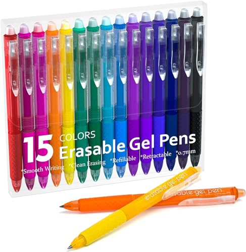 Lineon Erasable Gel Pens, 15 Colors Retractable Fine Point Erasable Pens Clicker, Assorted Color Inks, Make Mistakes Disappear for Drawing Writing Planner and Crossword Puzzles