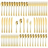 60-Piece Gold Silverware Set, Stainless Steel Flatware Cutlery Set Service for 12, Gold Utensils Tableware Cutlery Set for Home Restaurant, Mirror Finish, Dishwasher Safe (Gold)