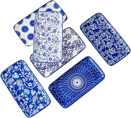 Gibsimi Rectangle Serving Plates Set - 8.3 Inch Rectangular Ceramic Dinner Dishes- Oven Microwave Dishwasher Safe - Porcelain Platter for Salad Appetizer Sushi Dessert - Set of 6 - Vintage Blue