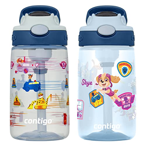 Contigo Paw Patrol Kids 14oz Plastic Water Bottles, Aubrey Design with Spill-Proof Lid, Silicone Straw, 2-Pack, Convenient for Travel/Home/School Use, Dishwasher Safe