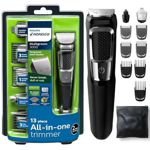 Norelco Philips Multigroomer All-in-One Trimmer Series 3000, 13 Piece Mens Grooming Kit, for Beard, Face, Nose, and Ear Hair Trimmer and Hair Clipper, NO Blade Oil Needed, MG3750/60