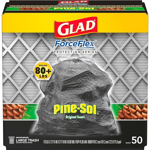 Glad Trash Bags, ForceFlex Drawstring Large Garbage Bags, 30 Gal, Pine-Sol Original Scent, 50 Count