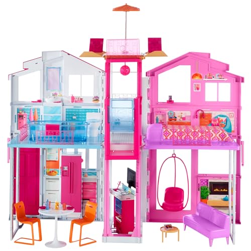 Barbie Doll House Playset, 3-Story Townhouse with 4 Rooms & Rooftop Lounge, Furniture & Accessories Including Swinging Chair (Amazon Exclusive)